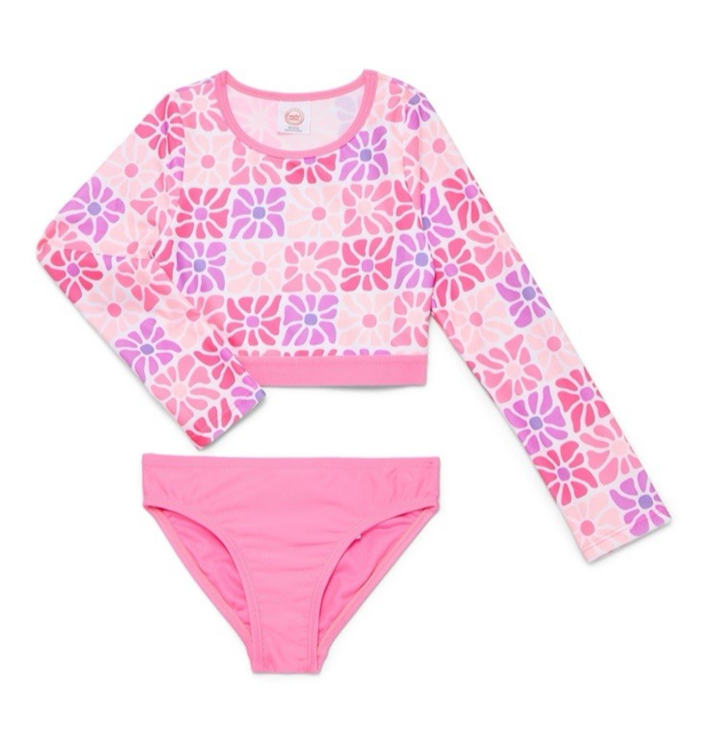 Wonder Nation 2-Piece Long Sleeve Rash Guard Bikini Set Girls XS Pink Floral